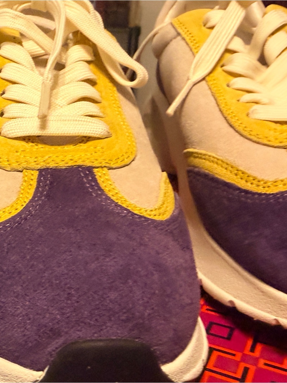 Tory Burch Yellow, Purple & Cream Suede Colorblock Sneaker - Picture 2 of 8